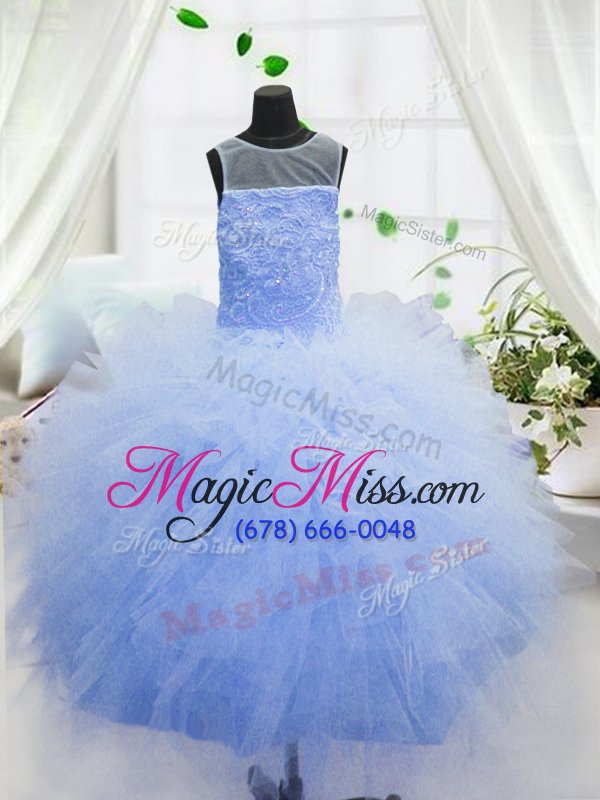 wholesale unique scoop beading and ruffles little girl pageant dress baby blue zipper sleeveless floor length