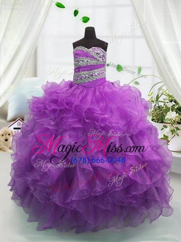 wholesale fancy purple sleeveless beading and ruffles floor length little girl pageant dress