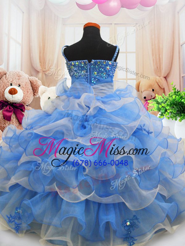 wholesale stylish sleeveless floor length beading and ruffled layers zipper pageant gowns for girls with blue