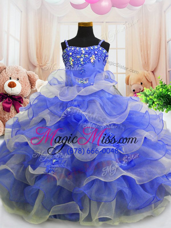 wholesale luxurious floor length blue little girl pageant gowns organza sleeveless beading and ruffled layers