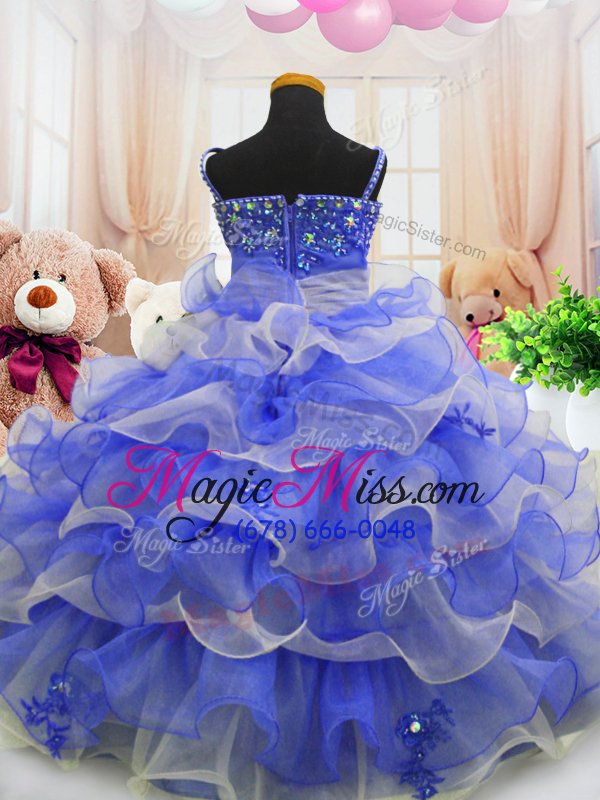 wholesale luxurious floor length blue little girl pageant gowns organza sleeveless beading and ruffled layers