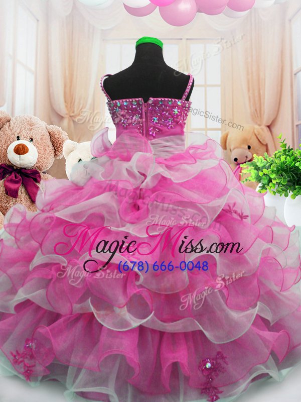 wholesale elegant hot pink sleeveless floor length beading and ruffled layers zipper little girls pageant dress wholesale
