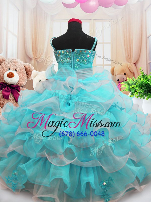 wholesale hot sale aqua blue sleeveless beading and ruffled layers floor length little girls pageant dress