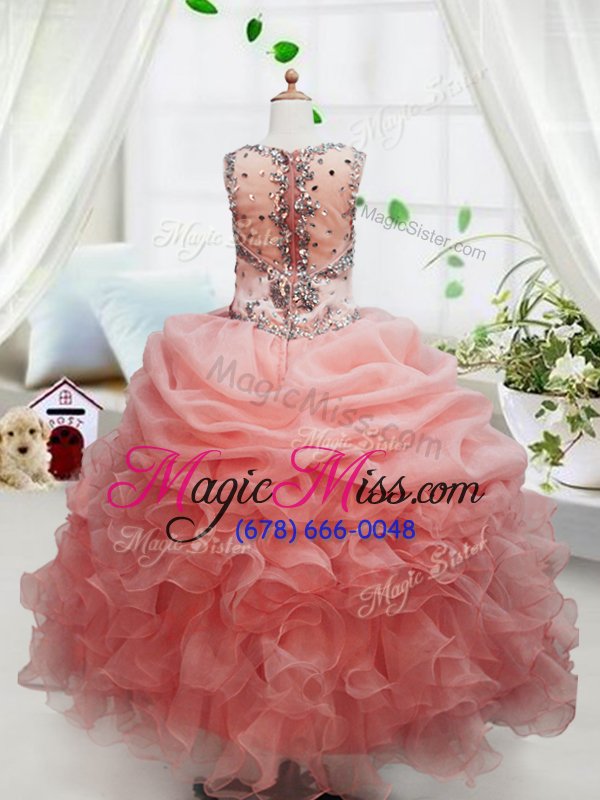 wholesale hot selling peach organza zipper square sleeveless floor length child pageant dress beading and ruffles and pick ups