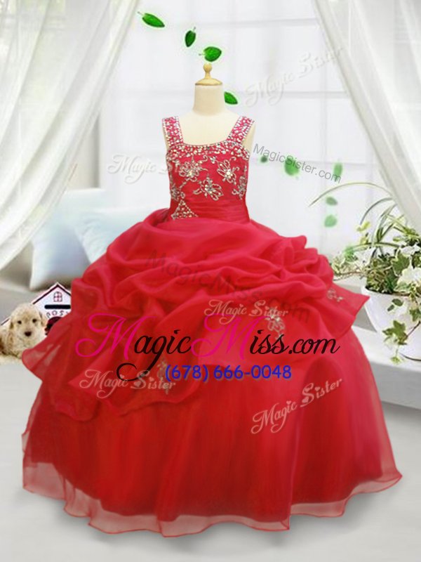 wholesale fashionable coral red lace up straps beading and pick ups child pageant dress organza sleeveless