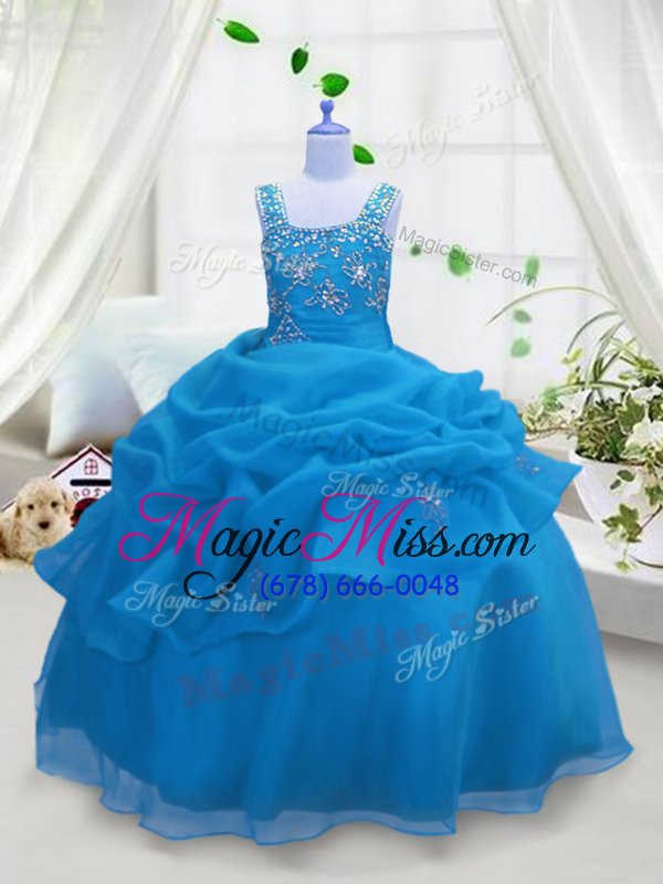 wholesale amazing aqua blue organza lace up little girl pageant dress sleeveless floor length beading and pick ups