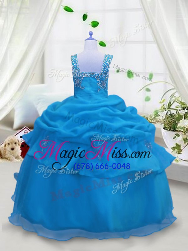 wholesale amazing aqua blue organza lace up little girl pageant dress sleeveless floor length beading and pick ups
