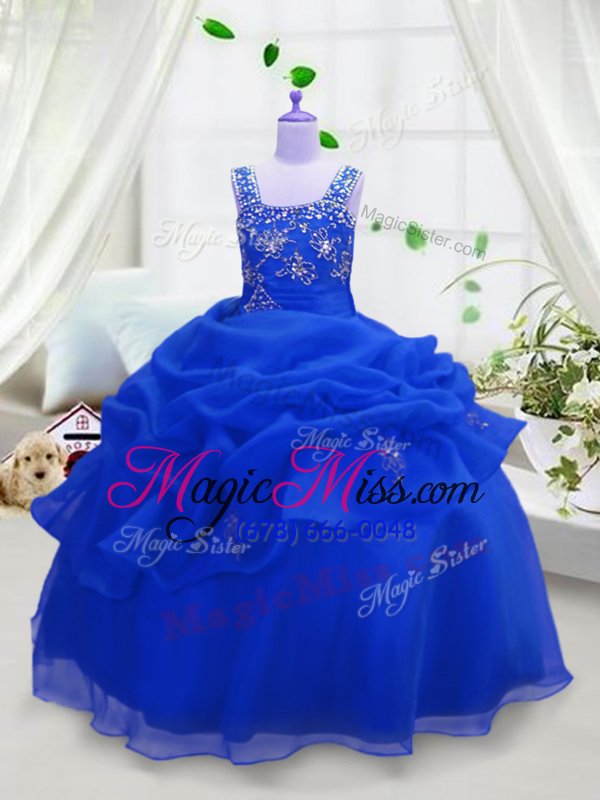 wholesale modern royal blue organza zipper straps sleeveless floor length girls pageant dresses beading and pick ups