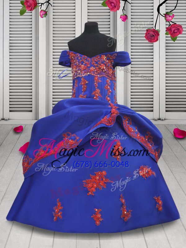 wholesale customized off the shoulder sleeveless satin child pageant dress beading and appliques lace up