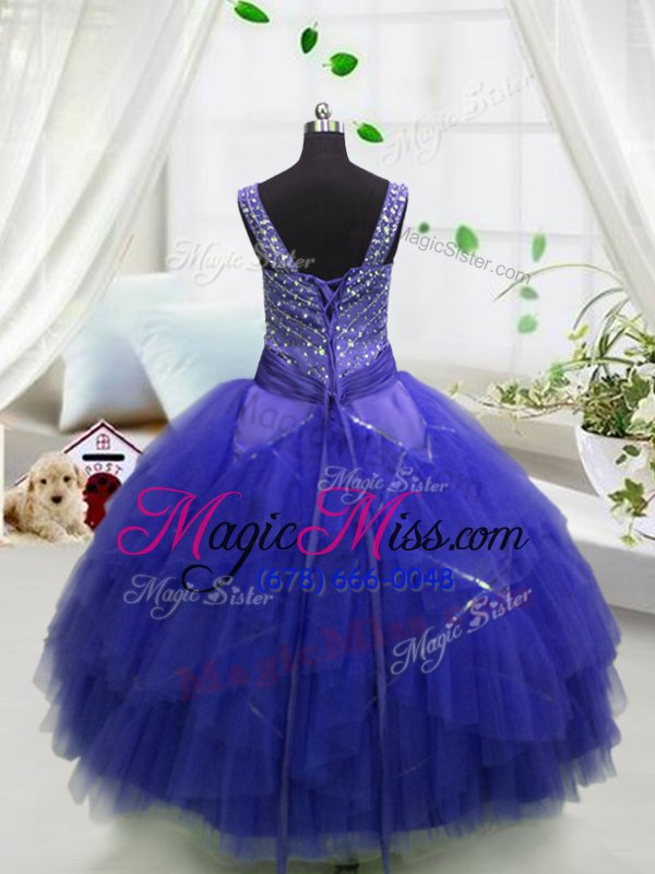 wholesale latest royal blue straps lace up beading and ruffles kids formal wear sleeveless