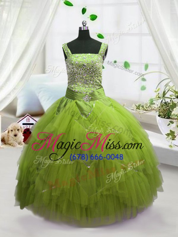 wholesale stylish yellow green tulle lace up little girls pageant dress wholesale sleeveless floor length beading and ruffles