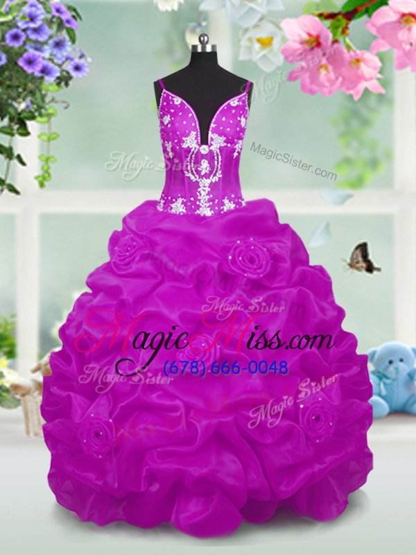 wholesale dazzling fuchsia v-neck lace up beading and appliques and pick ups girls pageant dresses sleeveless