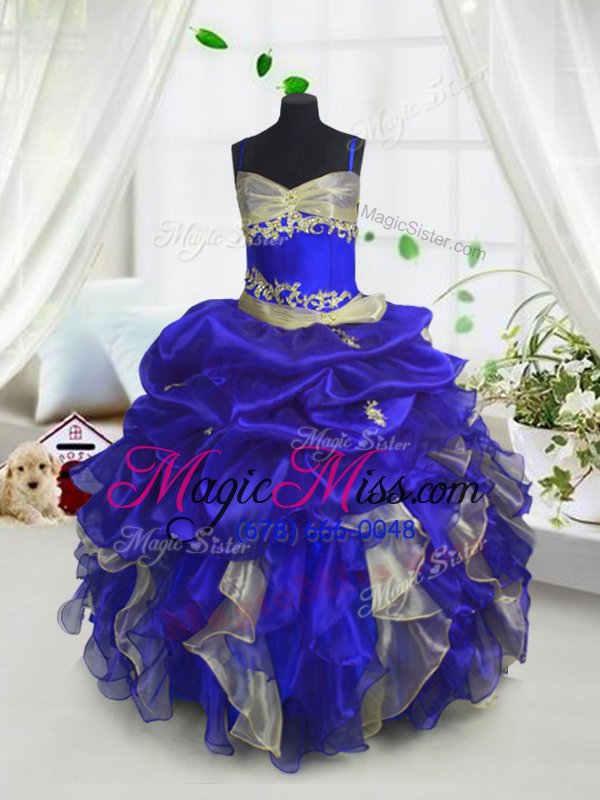 wholesale custom fit royal blue ball gowns beading and ruffles and pick ups girls pageant dresses lace up organza sleeveless floor length