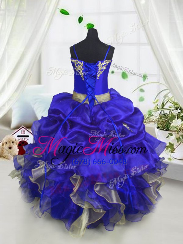 wholesale custom fit royal blue ball gowns beading and ruffles and pick ups girls pageant dresses lace up organza sleeveless floor length