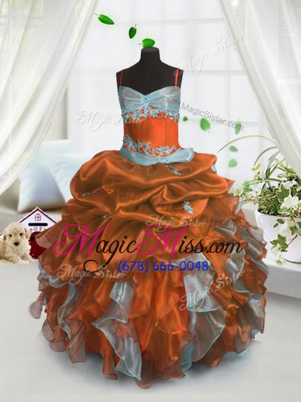 wholesale custom design rust red little girl pageant gowns party and wedding party and for with beading and ruffles and pick ups spaghetti straps sleeveless lace up