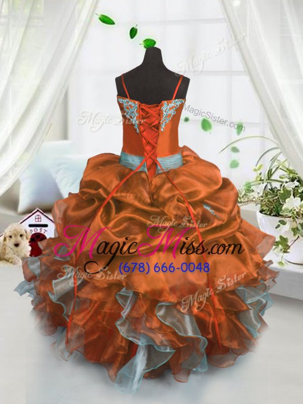 wholesale custom design rust red little girl pageant gowns party and wedding party and for with beading and ruffles and pick ups spaghetti straps sleeveless lace up