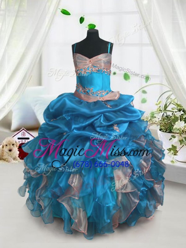 wholesale graceful sleeveless organza floor length lace up girls pageant dresses in baby blue for with beading and ruffles and pick ups