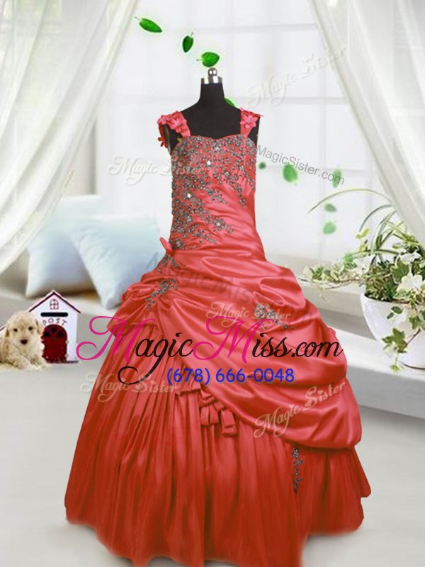 wholesale inexpensive watermelon red straps lace up beading and pick ups little girls pageant dress sleeveless