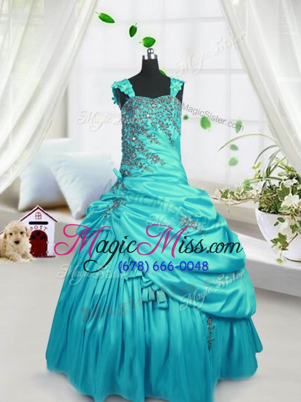 wholesale turquoise lace up little girls pageant gowns beading and pick ups sleeveless floor length