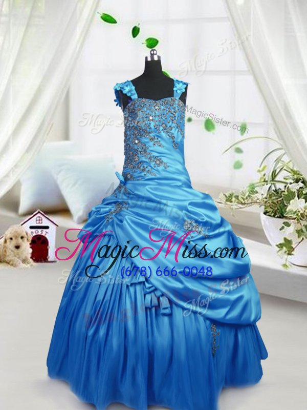 wholesale classical aqua blue zipper straps beading and pick ups child pageant dress satin sleeveless