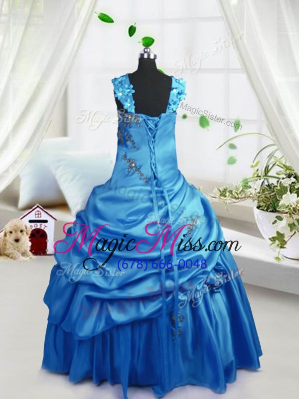 wholesale classical aqua blue zipper straps beading and pick ups child pageant dress satin sleeveless