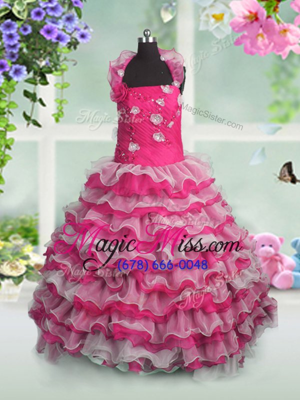 wholesale hot pink ball gowns straps sleeveless organza floor length lace up beading and appliques and ruffled layers girls pageant dresses