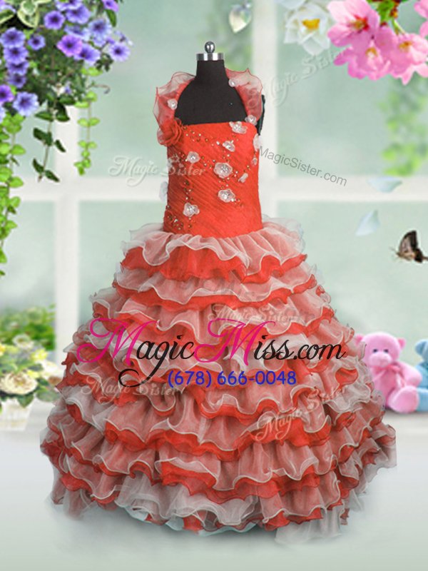 wholesale sleeveless lace up floor length beading and appliques and ruffled layers kids formal wear