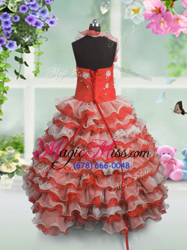 wholesale sleeveless lace up floor length beading and appliques and ruffled layers kids formal wear