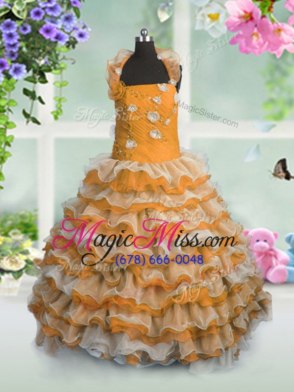 wholesale stunning orange sleeveless beading and appliques and ruffled layers floor length pageant gowns for girls