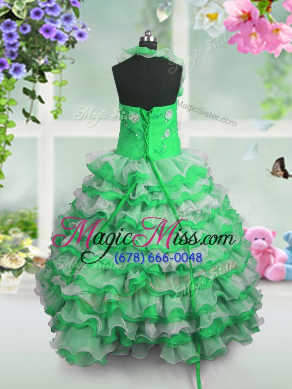 wholesale inexpensive straps sleeveless organza pageant gowns for girls beading and appliques and ruffled layers lace up