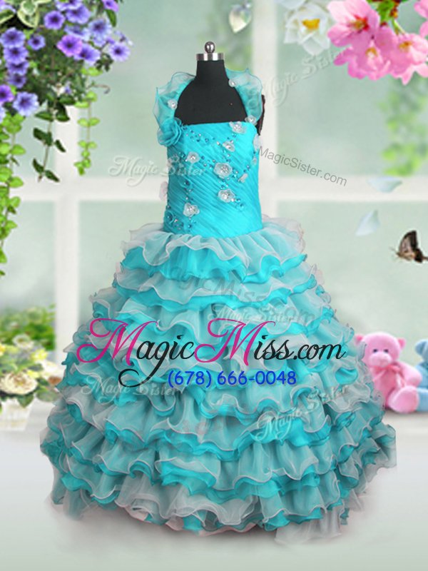 wholesale elegant floor length blue and white little girl pageant gowns organza sleeveless beading and appliques and ruffled layers