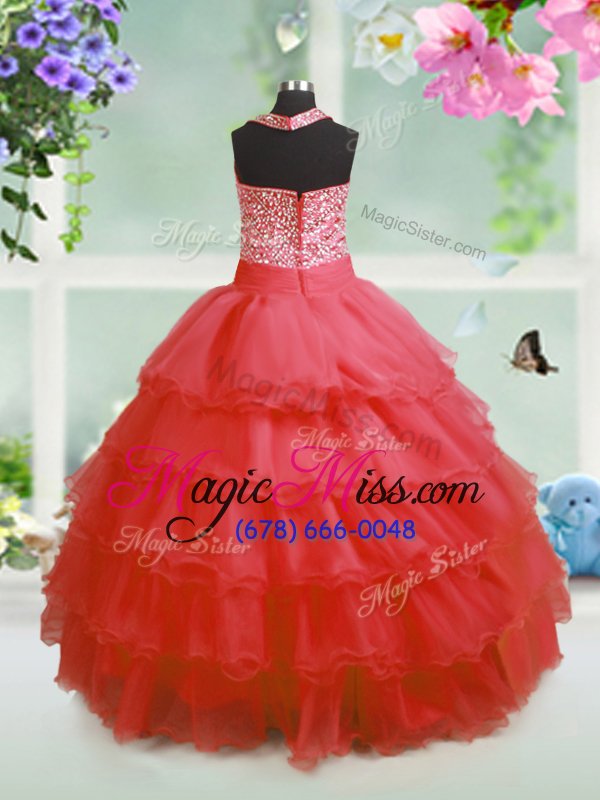 wholesale coral red organza zipper girls pageant dresses sleeveless floor length beading and ruffles and bowknot