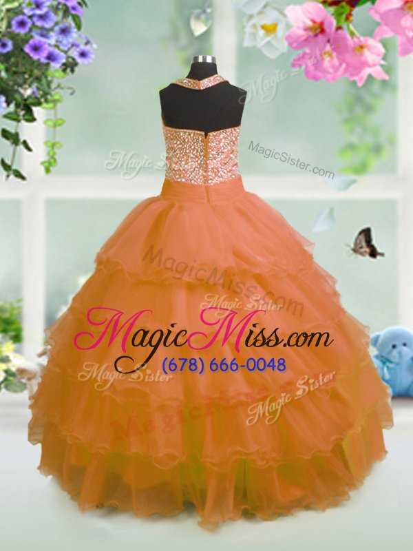 wholesale orange sleeveless floor length beading and ruffled layers and bowknot zipper girls pageant dresses