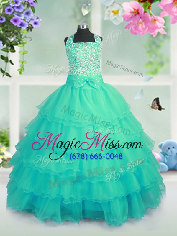 wholesale high quality sleeveless organza floor length lace up girls pageant dresses in turquoise for with beading and ruffled layers