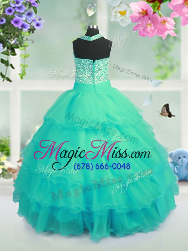 wholesale high quality sleeveless organza floor length lace up girls pageant dresses in turquoise for with beading and ruffled layers