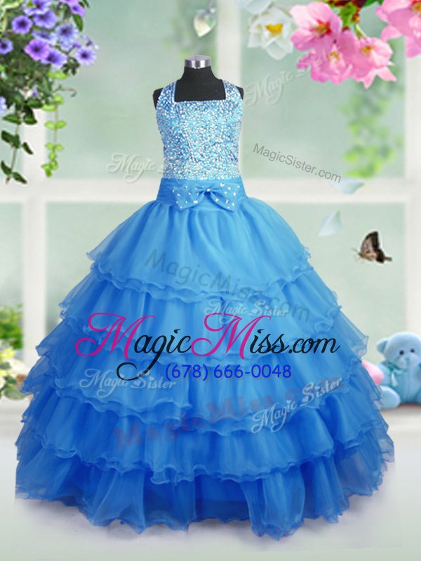 wholesale pretty baby blue sleeveless beading and ruffled layers floor length child pageant dress