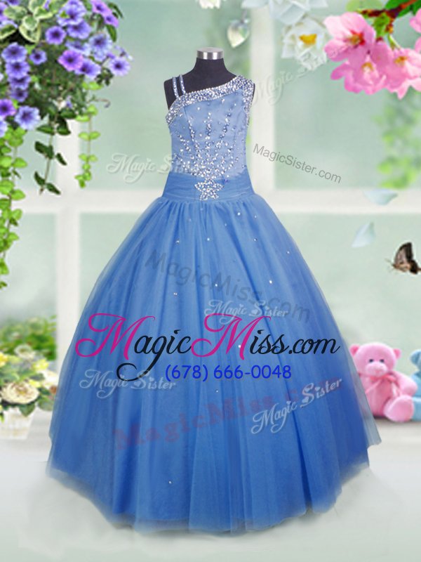 wholesale cheap tulle asymmetric sleeveless side zipper beading child pageant dress in baby blue