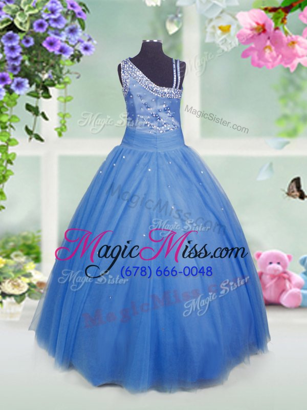 wholesale cheap tulle asymmetric sleeveless side zipper beading child pageant dress in baby blue