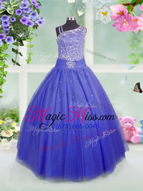 wholesale nice asymmetric sleeveless little girls pageant gowns floor length beading blue tulle