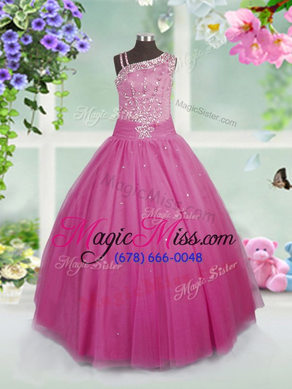 wholesale popular floor length rose pink pageant gowns for girls asymmetric sleeveless side zipper