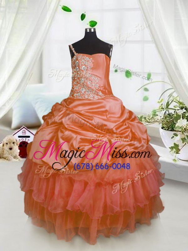 wholesale beauteous one shoulder pick ups ruffled floor length ball gowns sleeveless orange little girls pageant dress wholesale lace up