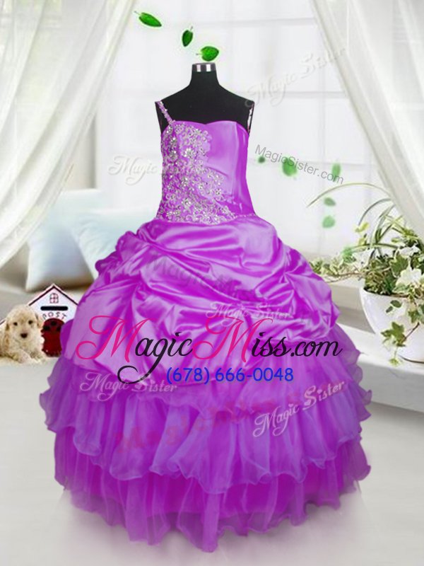wholesale excellent one shoulder satin and tulle sleeveless floor length little girls pageant dress wholesale and beading and ruffled layers and pick ups