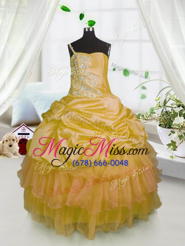 wholesale affordable orange kids pageant dress party and wedding party and for with beading and ruffled layers and pick ups one shoulder sleeveless lace up