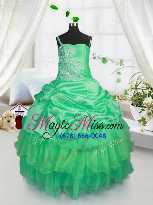 wholesale exquisite apple green ball gowns beading and ruffled layers and pick ups little girls pageant dress lace up satin and tulle sleeveless floor length