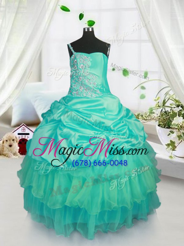wholesale top selling turquoise organza lace up girls pageant dresses sleeveless floor length beading and ruffled layers and pick ups