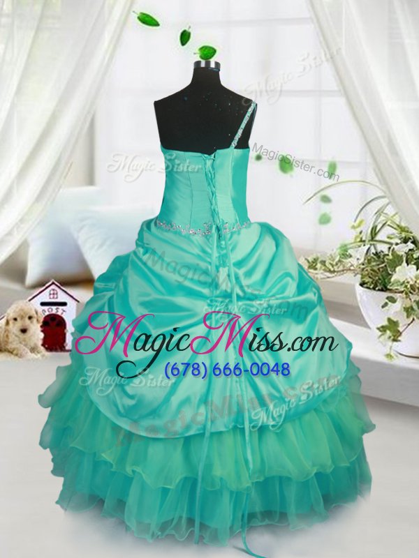 wholesale top selling turquoise organza lace up girls pageant dresses sleeveless floor length beading and ruffled layers and pick ups