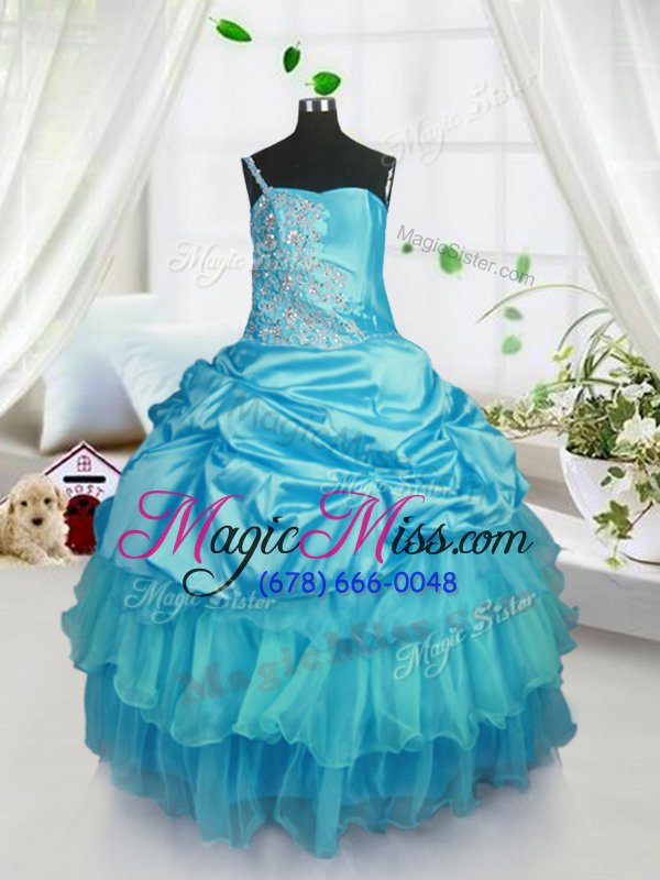 wholesale graceful pick ups floor length ball gowns sleeveless aqua blue kids formal wear lace up