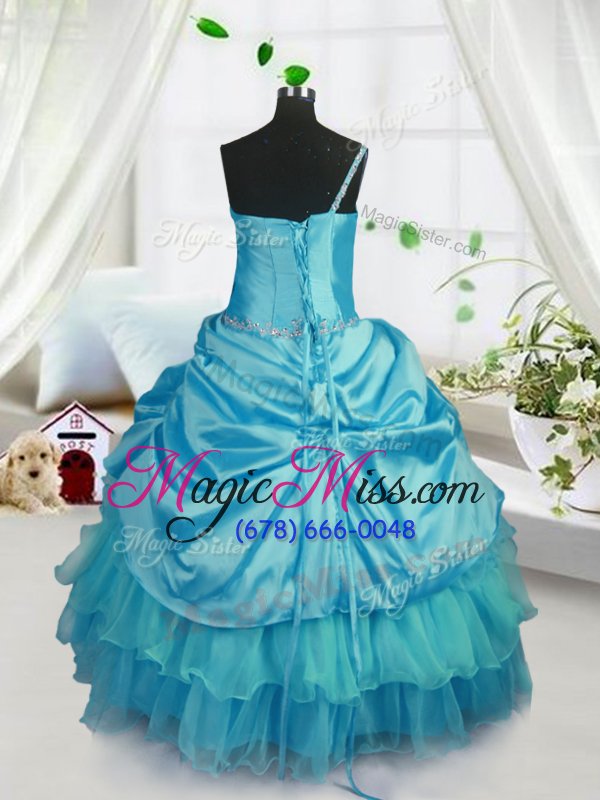 wholesale graceful pick ups floor length ball gowns sleeveless aqua blue kids formal wear lace up