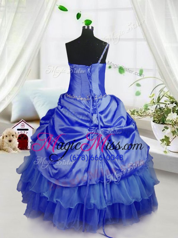 wholesale pick ups ruffled royal blue sleeveless organza lace up little girls pageant dress wholesale for military ball and sweet 16 and quinceanera