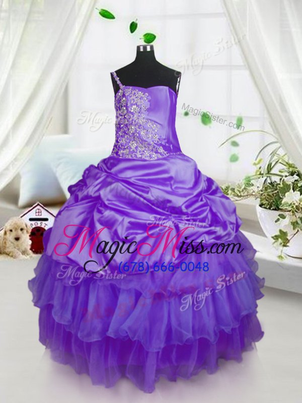 wholesale elegant sleeveless floor length beading and ruffled layers and pick ups lace up pageant gowns for girls with purple
